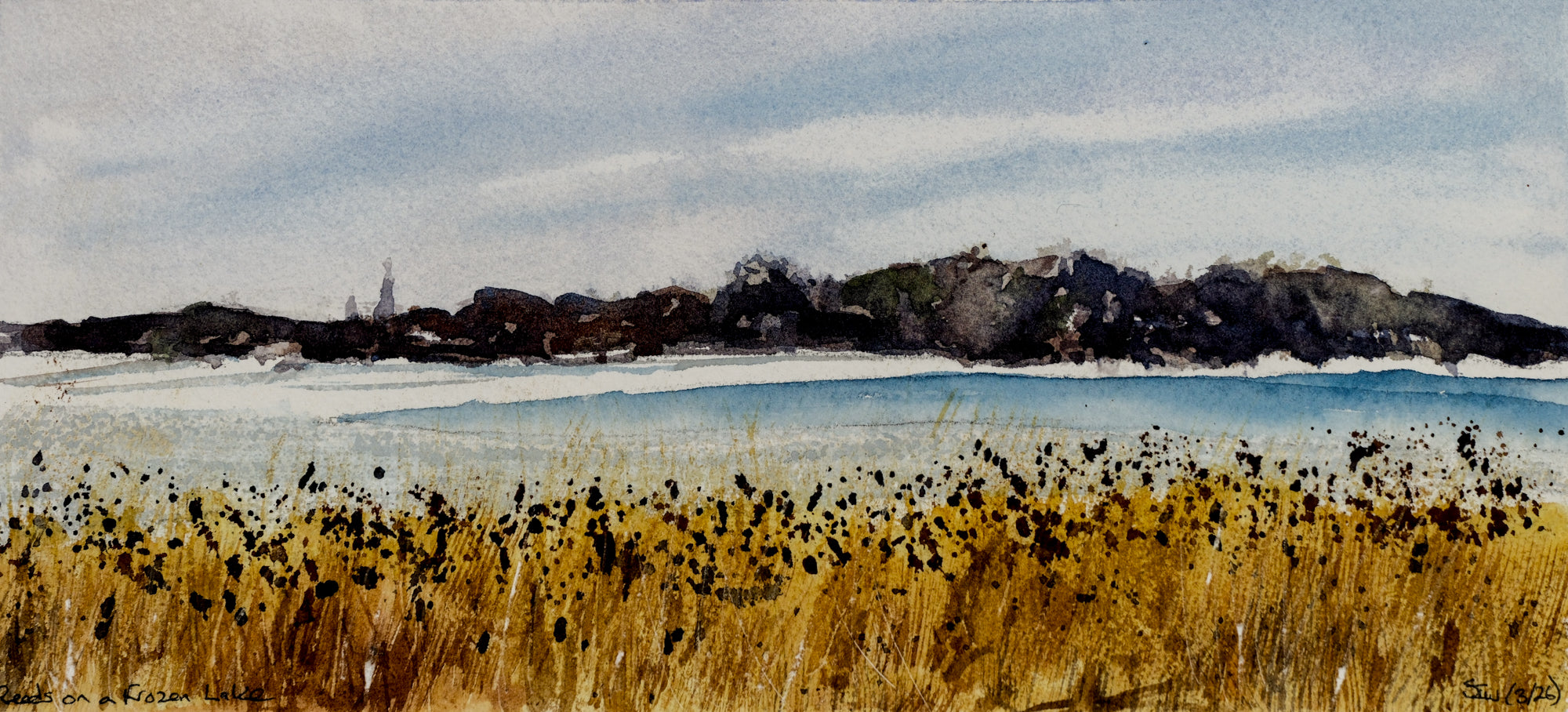 Reeds on a Frozen Lake - An Original Watercolor Painting